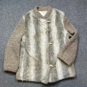 VINTAGE D’ESPRIT Fur and Knit Beige Tan Winter Coat Estimated Medium / Small